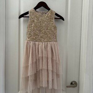 Girls Champagne and Gold Floral Beaded Dress, Size 8
